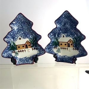Set of 2 COOKS BAZAAR Holly Mountain Lodge Hand Painted Christmas Tree Dishes